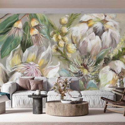 The wallpaper is a large wall mural featuring oversized flowers in soft, muted colors. It includes elements like delicate petals, subtle leaf patterns, and gentle floral outlines. Key colors are pastel pinks, soft creams, light blues, muted greens, and hints of beige. The design exudes a serene and artistic vibe reminiscent of Reed Rush style.