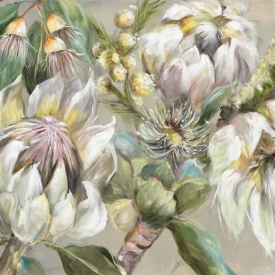 Wallpaper features: vibrant protea flowers, large white blooms, green leaves, small yellow buds, delicate reed rush accents. Set against a light neutral background. Lush and graceful composition.