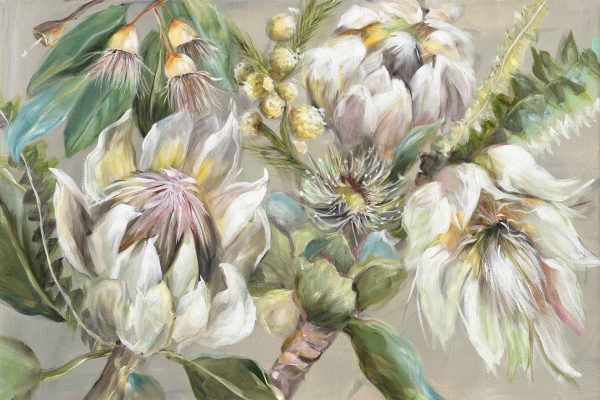 Wallpaper features: vibrant protea flowers, large white blooms, green leaves, small yellow buds, delicate reed rush accents. Set against a light neutral background. Lush and graceful composition.