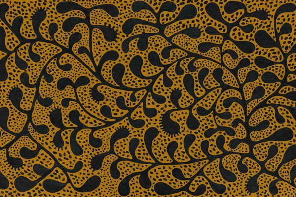 Abstract pattern wallpaper featuring intricate, organic black leaf-like shapes and dots on a mustard background. The design is visually complex and textured, with flowing forms creating depth. Elements include black leaves, dots, and a rich mustard yellow backdrop. Keywords: abstract pattern, black leaf shapes, dots, mustard background, intricate design.