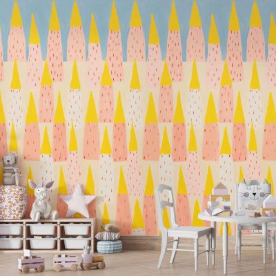 The playroom features vibrant triangle-patterned wallpaper in bright yellows, cheerful pinks, and soothing blues. This colorful backdrop interweaves these hues, creating a lively mosaic of geometric shapes that draw attention with their playful arrangement. Each triangle's color transitions seamlessly into the next, forming a harmonious blend that perfectly complements the room's fun atmosphere.