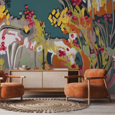 Abstract Erica floral mural from the Amplify series features vibrant yellow, green, pink, orange, and white tones with bold, expressive floral shapes.