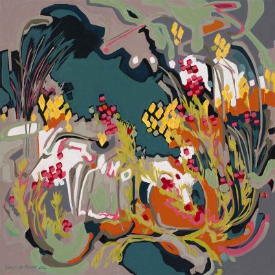 Abstract painting wallpaper features swirling patterns of green, orange, and red with plant-like forms. Vibrant red watsonias provide floral elegance. Contrasting colors enhance the dynamic composition, blending natural and abstract elements.