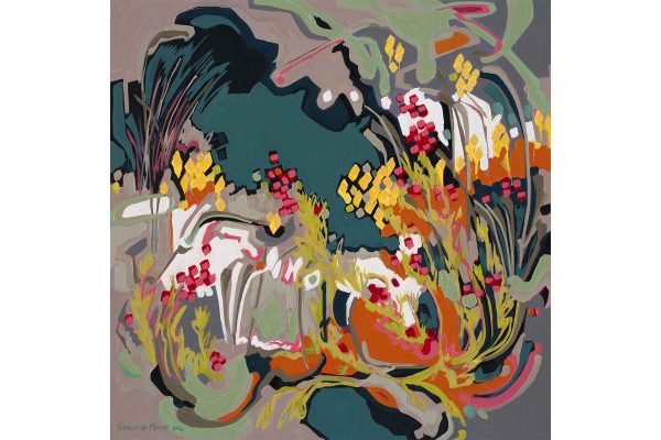 Abstract painting wallpaper features swirling patterns of green, orange, and red with plant-like forms. Vibrant red watsonias provide floral elegance. Contrasting colors enhance the dynamic composition, blending natural and abstract elements.