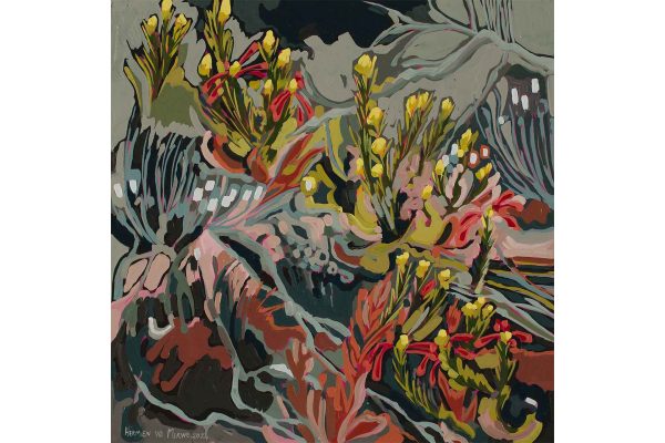 Abstract painting, Amplify series, Erica, vibrant yellow and red flowers, wavy brush strokes, dynamic scene, dark greens and grays backdrop, hints of pink and white.