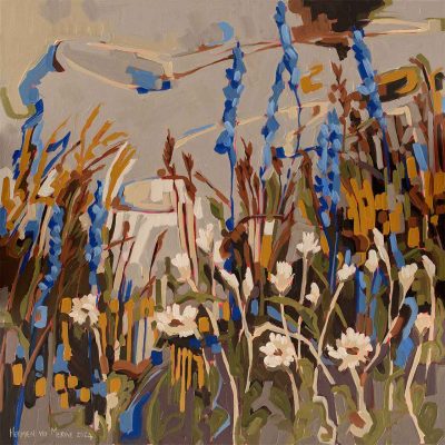 This wallpaper from the Amplify series by Abstract Erica features vibrant elements of white flowers against tall blue stalks. It showcases bold brushstrokes in shades of green, blue, brown, and white. The design is abstract and impressionistic, set beneath a muted sky.