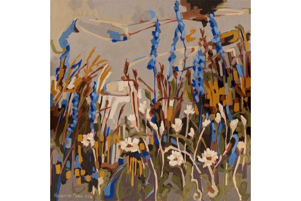 This wallpaper from the Amplify series by Abstract Erica features vibrant elements of white flowers against tall blue stalks. It showcases bold brushstrokes in shades of green, blue, brown, and white. The design is abstract and impressionistic, set beneath a muted sky.