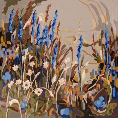 Wallpaper showcases blue and white flowers with green stems set against a beige and brown backdrop. Features bold brush strokes with vibrant, contrasting colors.
