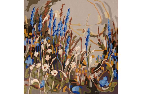 Wallpaper showcases blue and white flowers with green stems set against a beige and brown backdrop. Features bold brush strokes with vibrant, contrasting colors.