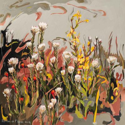 The wallpaper features vibrant wildflowers with white and yellow petals set against an abstract background. Earth tones swirl in dynamic patterns, combining lively elements reminiscent of Abstract Erica's style.