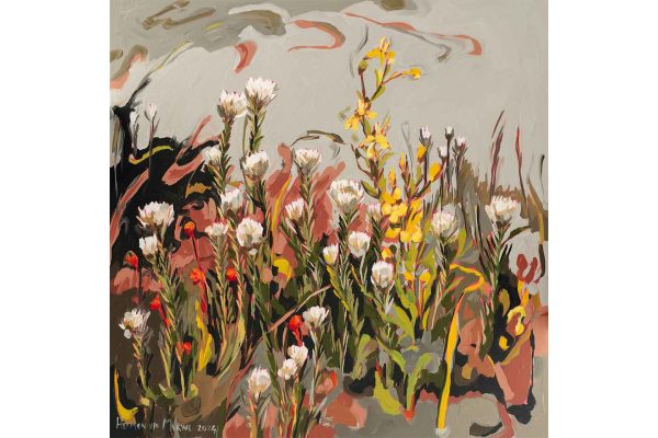 The wallpaper features vibrant wildflowers with white and yellow petals set against an abstract background. Earth tones swirl in dynamic patterns, combining lively elements reminiscent of Abstract Erica's style.