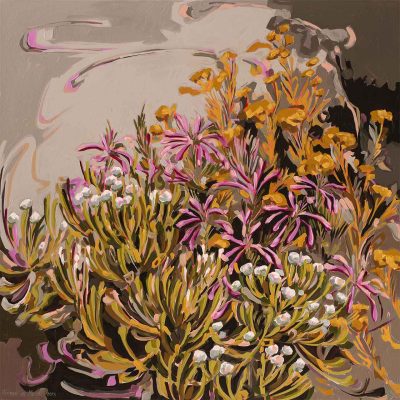 This abstract painting features a vibrant floral arrangement wallpaper, showcasing pink and yellow flowers, including delicate helichrysum, nestled amidst lush green foliage. The background is composed of swirling shades of beige, gray, and brown, adding dynamic energy to the composition. Elements include dynamic swirls in neutral tones that enhance the overall vibrancy and texture of the floral display.