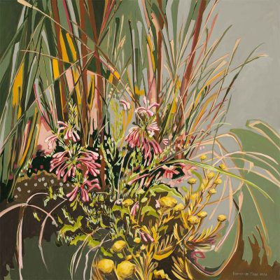 Wallpaper: Vibrant wildflower and grass painting. Features pink flowers, yellow blooms, green and brown foliage. Lush, textured scene with abstract shapes in green and brown.