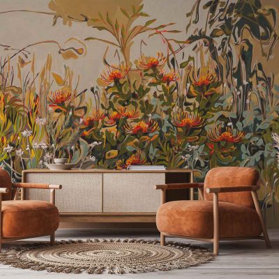 Large floral mural wallpaper inspired by the Fynbos landscape; features vibrant orange and yellow pincushion proteas, green leafy stems, soft pink and cream flowers. Botanical patterns with detailed blooms and delicate foliage. Nature-inspired colors: earthy greens, warm rusts, blush pinks, golden yellows. Statement botanical wall design.