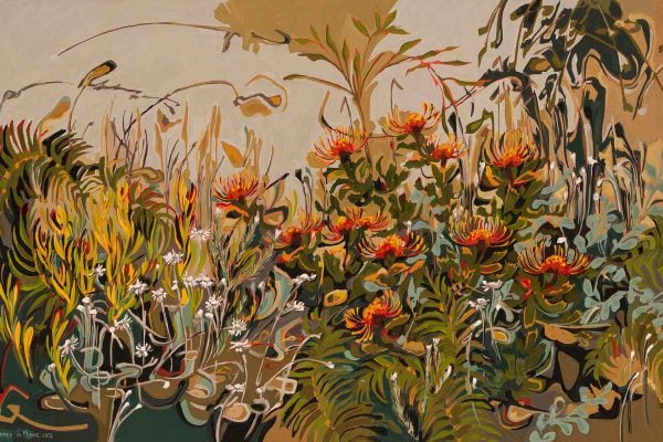 Wallpaper features vibrant red and orange protea flowers, lush green foliage, and interspersed white star-shaped blooms. Swirling leaves and stems create a lively botanical scene. Background blends warm earthy tones in abstract Erica style.