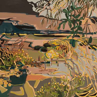 This vibrant wallpaper from the Amplify series by Abstract Erica showcases an abstract landscape with flowing lines representing a garden of plants and flowers. The backdrop is accented by dramatic clouds in dark hues, infused with warm earthy tones and highlighted by scattered bright yellows.