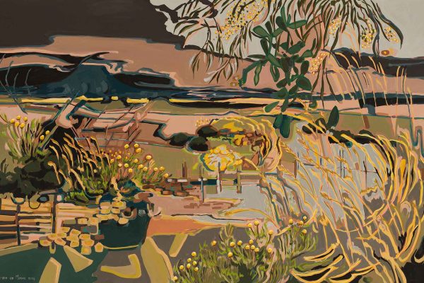 This vibrant wallpaper from the Amplify series by Abstract Erica showcases an abstract landscape with flowing lines representing a garden of plants and flowers. The backdrop is accented by dramatic clouds in dark hues, infused with warm earthy tones and highlighted by scattered bright yellows.