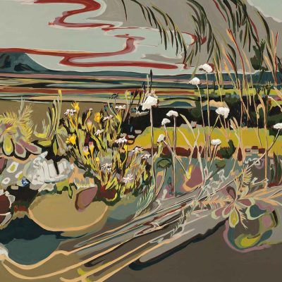 The Abstract Erica wallpaper from the Amplify series showcases a dynamic blend of wavy lines and vivid colors. It features elements like flowers and stems set against fields, mountains, and a cloudy sky. The design fluidly merges natural motifs with abstract forms, highlighting vibrant hues to create an eye-catching visual experience.