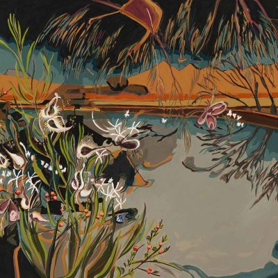 The wallpaper from the Abstract Erica series features a surreal landscape with vibrant abstract plants, flowers, and butterflies surrounding a reflective water body. The scene includes rolling hills, enhancing its dreamlike feel. Key elements: abstract plants, colorful flowers, butterflies, rolling hills. Key colors: vibrant hues and contrasting tones.