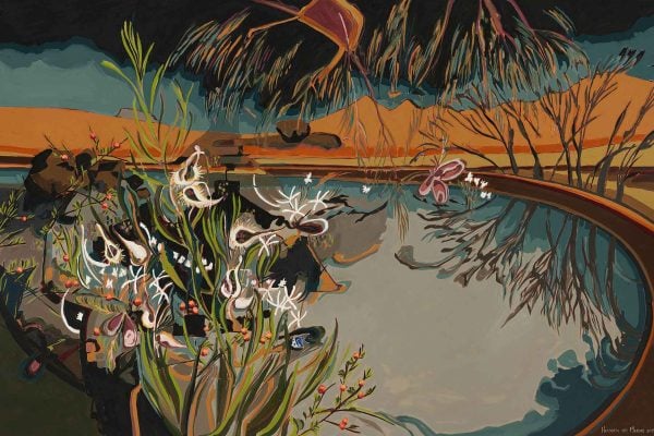 The wallpaper from the Abstract Erica series features a surreal landscape with vibrant abstract plants, flowers, and butterflies surrounding a reflective water body. The scene includes rolling hills, enhancing its dreamlike feel. Key elements: abstract plants, colorful flowers, butterflies, rolling hills. Key colors: vibrant hues and contrasting tones.