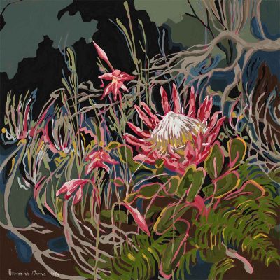A lively depiction of King Protea flowers, highlighted by their distinctive pink and white petals amid sprawling green leaves and branches. The vibrant colors stand out against a deep, dark background that enhances the contrast of the blooms. The artistic rendering is stylized, echoing the Amplify series with bold hues and intricate details, creating a striking visual tapestry suitable for wallpaper design. Key elements include King Protea flowers, lush green foliage, and dramatic dark background—perfect for search optimization through color and botanical themes.