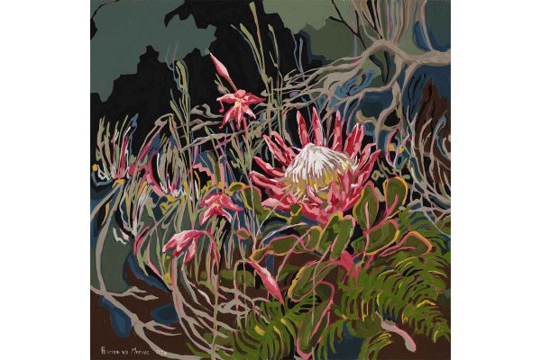 A lively depiction of King Protea flowers, highlighted by their distinctive pink and white petals amid sprawling green leaves and branches. The vibrant colors stand out against a deep, dark background that enhances the contrast of the blooms. The artistic rendering is stylized, echoing the Amplify series with bold hues and intricate details, creating a striking visual tapestry suitable for wallpaper design. Key elements include King Protea flowers, lush green foliage, and dramatic dark background—perfect for search optimization through color and botanical themes.