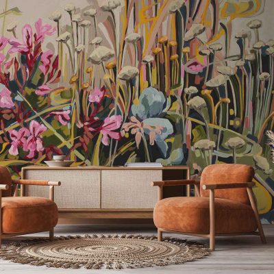 Floral mural wallpaper features bold, oversized botanical motifs from the Amplify series. Elements include abstract flowers, lush leaves, and organic shapes in earthy tones—terracotta, blush pink, olive green, cream, and muted gold—creating a warm modern backdrop.