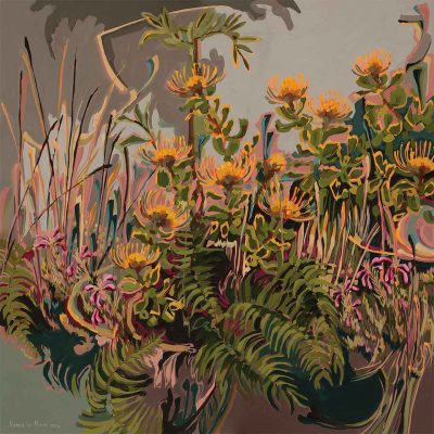 Wallpaper features: vibrant yellow and pink flowers, pincushion blooms; lush green foliage; mountain ferns. Background includes earthy tones, enhancing the colorful floral elements.