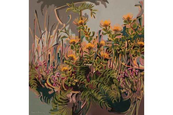 Wallpaper features: vibrant yellow and pink flowers, pincushion blooms; lush green foliage; mountain ferns. Background includes earthy tones, enhancing the colorful floral elements.