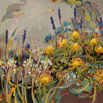 Vibrant Abstract Erica wallpaper showcases a field of wildflowers, featuring yellow and white blooms. Tall, slender plant motifs are set against a backdrop of swirling earthy and pastel colors, creating a dynamic scene.
