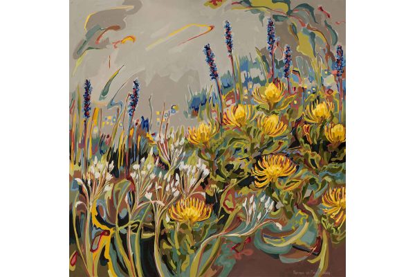 Vibrant Abstract Erica wallpaper showcases a field of wildflowers, featuring yellow and white blooms. Tall, slender plant motifs are set against a backdrop of swirling earthy and pastel colors, creating a dynamic scene.