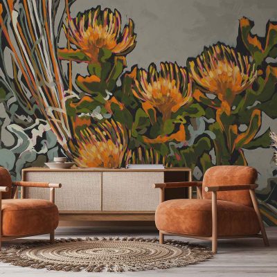 The wallpaper features a bold mural of large, abstract flowers and leaves in vibrant hues such as coral, teal, ochre, emerald green, blush pink, deep blue, and mustard yellow. The design incorporates oversized petals and sweeping botanical shapes with painterly textures for a modern artistic look.