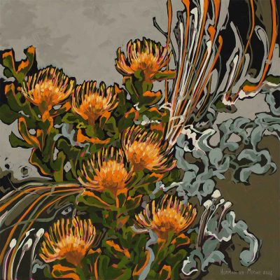 In this wallpaper from the Amplify series by Abstract Erica, vibrant orange and yellow flowers are set against green foliage. Bold outlines and dynamic brushstrokes enhance the contrast between warm floral tones and cool-toned leaves. Essential elements include: orange flowers, yellow blooms, green foliage, bold outlines, dynamic brushstrokes, warm-cool contrast.