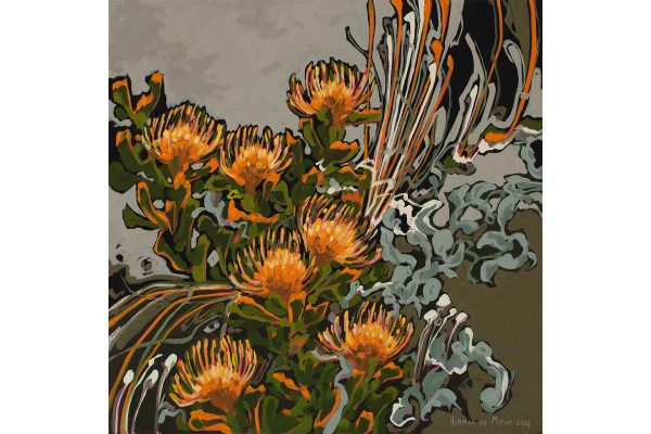 In this wallpaper from the Amplify series by Abstract Erica, vibrant orange and yellow flowers are set against green foliage. Bold outlines and dynamic brushstrokes enhance the contrast between warm floral tones and cool-toned leaves. Essential elements include: orange flowers, yellow blooms, green foliage, bold outlines, dynamic brushstrokes, warm-cool contrast.