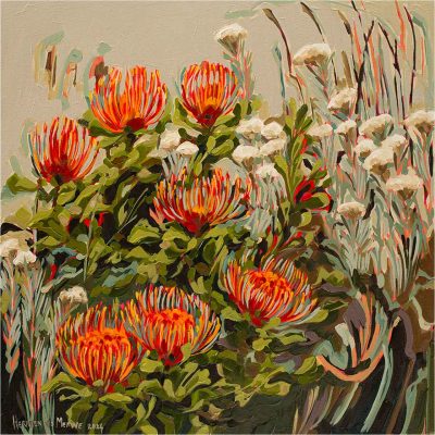The wallpaper from the Amplify series displays vibrant orange flowers with spiky petals and lush green leaves. Delicate white blooms are interspersed throughout the backdrop, set against tall, wispy grasses. The design encapsulates Erica's abstract style with a lively and colorful composition.