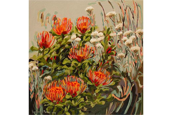 The wallpaper from the Amplify series displays vibrant orange flowers with spiky petals and lush green leaves. Delicate white blooms are interspersed throughout the backdrop, set against tall, wispy grasses. The design encapsulates Erica's abstract style with a lively and colorful composition.
