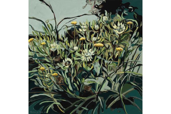 Abstract Erica wallpaper features lush garden scene elements with vibrant green and yellow foliage. Expressive shades and dark accents create depth and contrast, highlighting various green plants and yellow flowers.