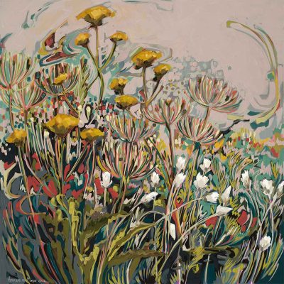 Vibrant wallpaper featuring yellow-bloomed wildflowers, delicate pinkish stalks, swirling abstract background with greens, blues, and reds. Dynamic and lively elements by Abstract Erica.