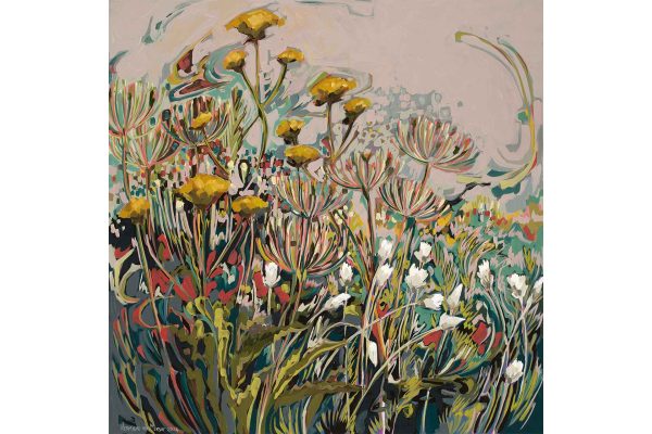 Vibrant wallpaper featuring yellow-bloomed wildflowers, delicate pinkish stalks, swirling abstract background with greens, blues, and reds. Dynamic and lively elements by Abstract Erica.