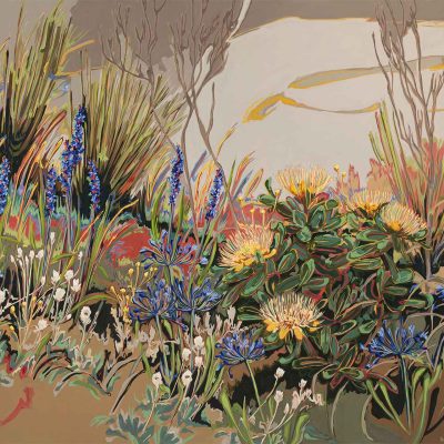 Wallpaper features: Diverse garden, tall grass, blue flowers, yellow flowers, Protea Nitida, colorful plants. Cloudy sky backdrop. Dynamic brushstrokes. Natural earthy color palette: greens, blues, yellows, and pinks.