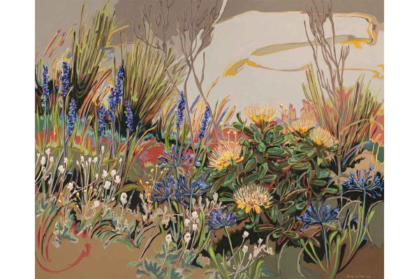 Wallpaper features: Diverse garden, tall grass, blue flowers, yellow flowers, Protea Nitida, colorful plants. Cloudy sky backdrop. Dynamic brushstrokes. Natural earthy color palette: greens, blues, yellows, and pinks.
