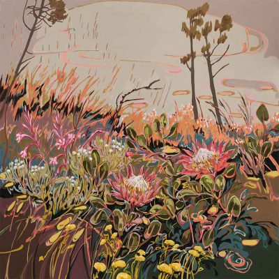 Wallpaper elements: Lush foliage, red flowers, pink flowers, yellow flowers, tall thin trees. Colors: red, pink, yellow on a muted background. Dynamic energy and movement in nature.