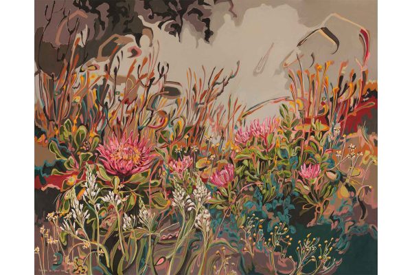 The wallpaper from the "Amplify Series" showcases a dynamic blend of vibrant pink flowers, delicate white blossoms, and lush green foliage. Set against a moody stormy sky, these elements create movement and depth with their swirling patterns and bold contrasts. The rich colors and layered textures make this piece by Abstract Erica a captivating focal point for any space.