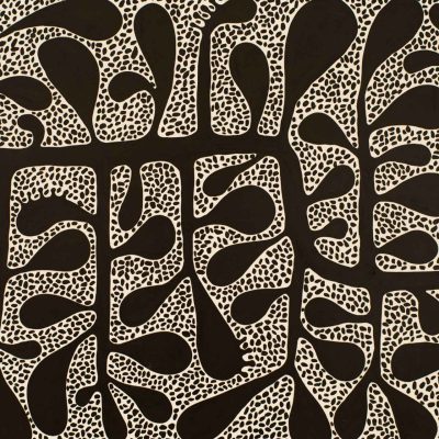 This abstract wallpaper showcases an intricate pattern of black organic shapes intricately interconnected, resembling a complex network or cellular structure. Surrounded by small, cream-colored dots, these elements create a striking contrast against the dark background. The use of colors—black for the primary shapes and cream for the dots—emphasizes depth and intricacy within the design.