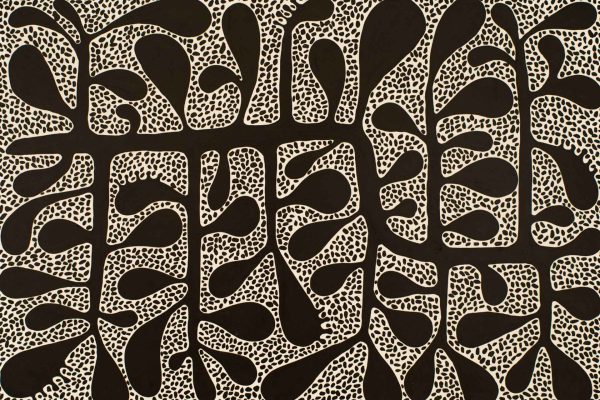 This abstract wallpaper showcases an intricate pattern of black organic shapes intricately interconnected, resembling a complex network or cellular structure. Surrounded by small, cream-colored dots, these elements create a striking contrast against the dark background. The use of colors—black for the primary shapes and cream for the dots—emphasizes depth and intricacy within the design.