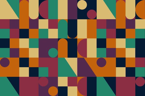 The wallpaper features a vibrant geometric pattern with rectangles, squares, circles, and semicircles. The colors include green, orange, maroon, yellow, and deep blue. It showcases a Blue Monday-inspired symmetric and repeating arrangement.