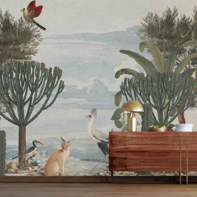 Desert landscape mural featuring birds, trees, and a leaping gazelle. Earthy tones such as sandy beige, sage green for foliage, and soft browns for the gazelle. Touches of blue and yellow highlight the sky and sunlit areas.