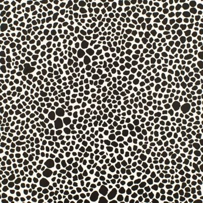 The wallpaper features an array of irregularly shaped black dots varying in size, densely scattered over a white background. This creates an abstract, textured animal print appearance. The primary elements include: - Black dots - Varying dot sizes - Irregular shapes - White background These elements combine to form a striking pattern reminiscent of animal fur or skin, emphasizing contrast and texture in the design.