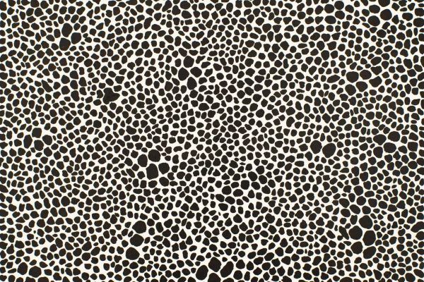 The wallpaper features an array of irregularly shaped black dots varying in size, densely scattered over a white background. This creates an abstract, textured animal print appearance. The primary elements include: - Black dots - Varying dot sizes - Irregular shapes - White background These elements combine to form a striking pattern reminiscent of animal fur or skin, emphasizing contrast and texture in the design.