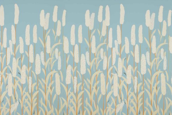 A serene wallpaper design featuring a field of tall, cream-colored cattails set against a light blue background. The composition showcases rhythmic patterns of elongated, textured seed heads alongside light brown stems. The natural mismatch between elements creates an effortless beauty. Key elements: cream-colored cattails, light blue background, elongated seed heads, light brown stems.